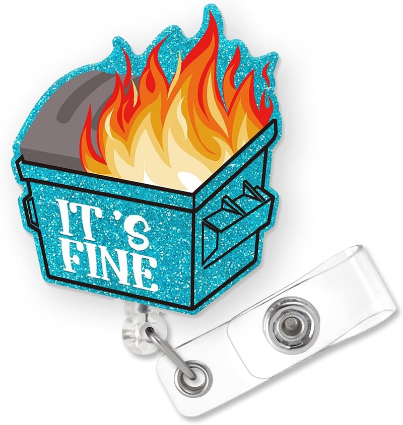 Bydevia It's Fine Dumpster Fire Badge Reel Retractable, Funny Badge Reel for Nurse Nursing RN CNA LPN Medical Worker & Office Staff, Dumpster ID Name Badge Holder with Alligator Clip & 24” Durable Nylon Cord - Image 1